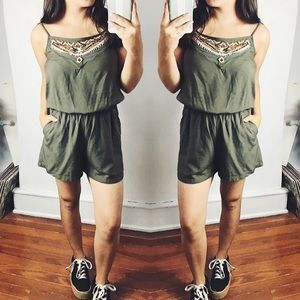 5/$15 Olive Green Romper with Beaded Top